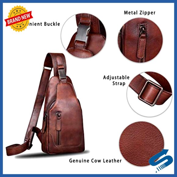 Genuine Leather Sling Backpack Daypack Crossbody Bag Adjustable Strap